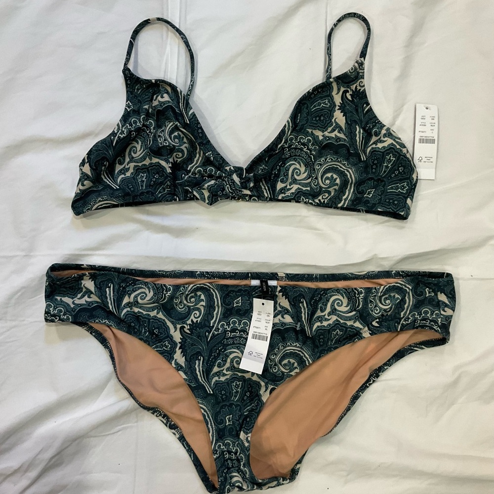 J. Crew Dark Green and Cream Paisley Bikini